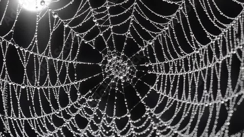 Close up of a spiderweb with water droplets on dark background