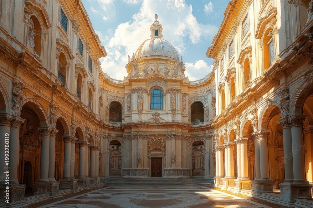 Fototapeta premium Ornate courtyard with central domed building, colonnades and arches bathed in warm sunlight under a blue sky, evoking a serene, majestic atmosphere