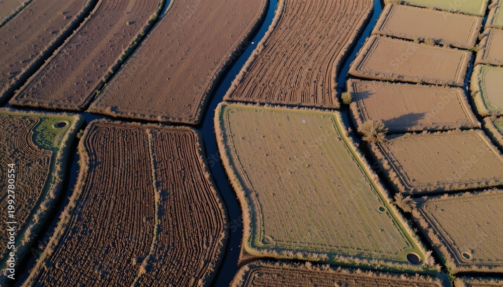 Obraz premium The image depicts an aerial view of agricultural fields separated by narrow water channels, creating a patchwork pattern