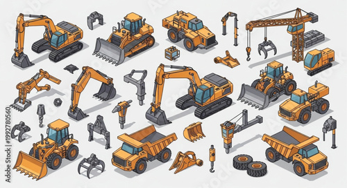 Fotografía Collection of Construction Vehicles and Equipment Isometric Icons