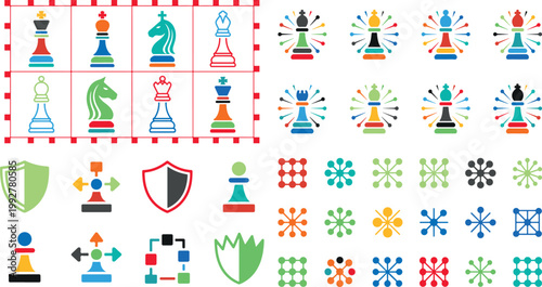 colorful chess pieces and various abstract symbols for graphic design  set of modern icons