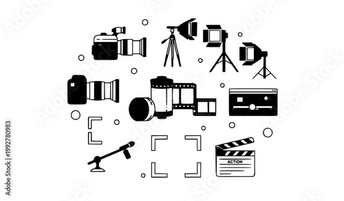 Film production line icon set with camera studio lighting editing tools and videography equipment symbols