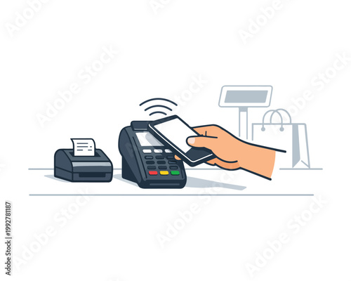 Mobile Contactless Payment at POS Terminal with Smartphone Cashless Transaction Flat Vector Illustration