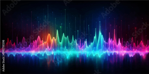 A digital sound wave background featuring a blue aurora equalizer pulse and glowing music frequency lines over a black technology vector design backdrop