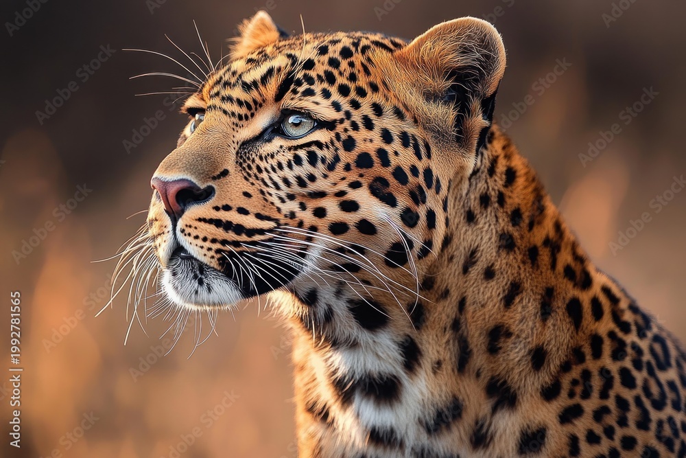 Fototapeta premium Regal leopard close-up profile with focused gaze, detailed spotted fur and long whiskers against a warm blurred background, calm and alert expression