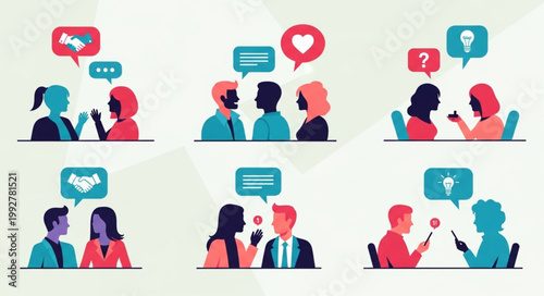 Diverse people communicating and sharing ideas in conversation bubbles.