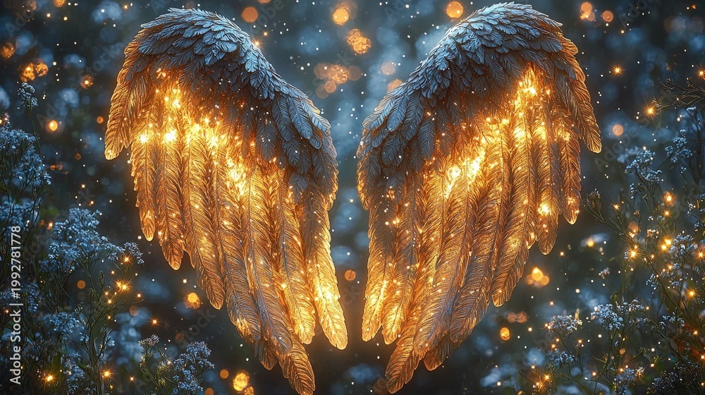 Obraz premium Glowing golden angel wings with sparkling light particles in mystical enchanted forest at night