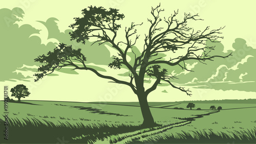 Large tree standing alone in a green landscape with rolling hills and clouds