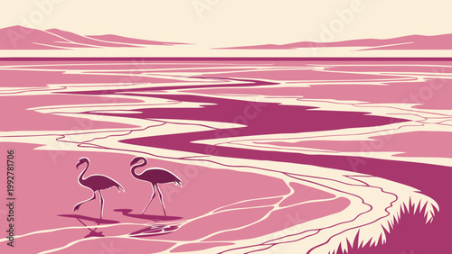 Two flamingos standing in a pink lake with mountains in the background and a serene landscape