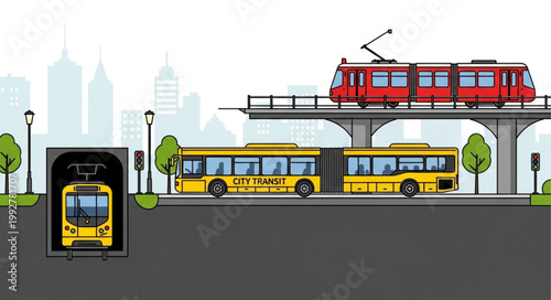 Modern public transportation system with bus and train.