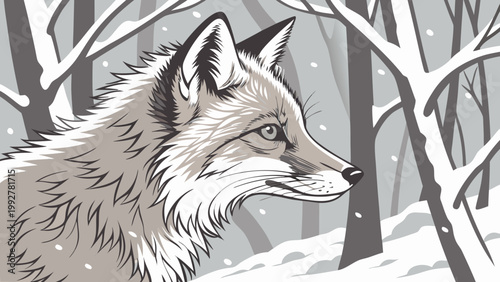 A wolf with piercing eyes gazes through a snowy forest landscape surrounded by bare trees and falling snowflakes creating a serene winter scene.
