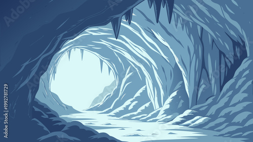 Ice cave tunnel with icicles and rocky walls leading to a bright opening