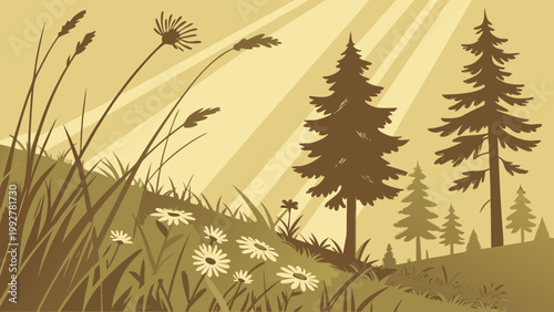 serene landscape with trees and flowers on a sunny hillside