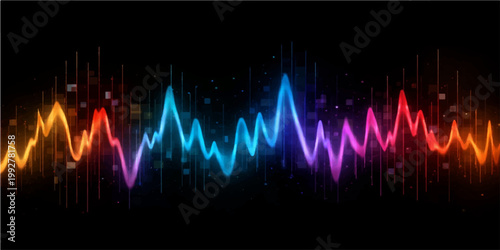 A digital illustration of a sound wave frequency on a black background featuring a medical heartbeat pulse line representing a healthy ECG cardiogram monitor graph for healthcare technology