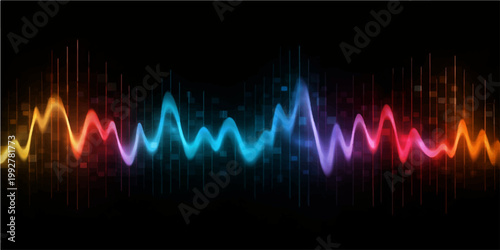 A medical electrocardiogram heartbeat line pulses across a dark sound wave background, illustrating a healthy life frequency monitor graph for hospital technology and cardiac health testing