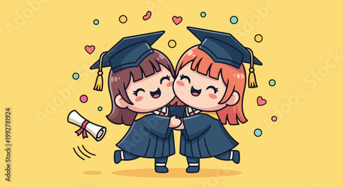 Two graduates in graduation gowns hug celebrating friendship.