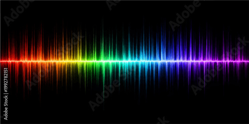 Abstract colorful rainbow background featuring a shiny digital sound wave equalizer with a glowing gradient spectrum line design on a black tech backdrop