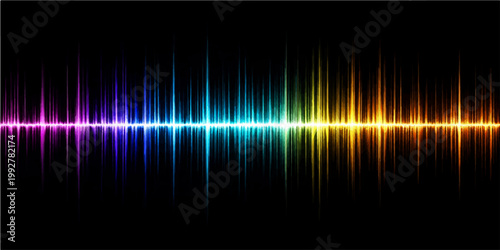 Digital rainbow wave vector design featuring colorful equalizer lines with a bright technology glow and aurora pattern on a black backdrop spectrum illustration