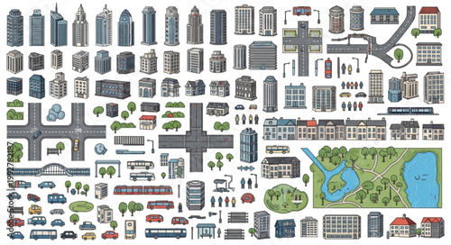 Collection of City Elements and Buildings for Urban Design.