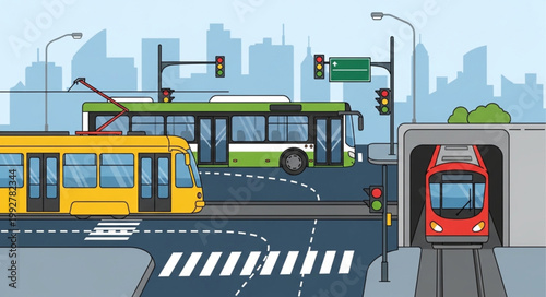 City transportation with bus tram and train illustration.
