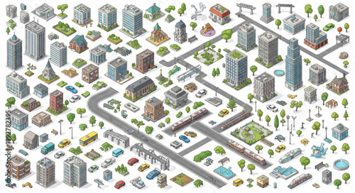 Isometric City Buildings and Infrastructure Elements Collection.
