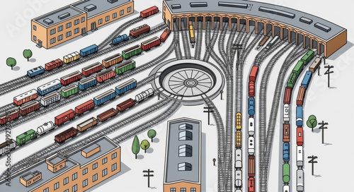 Complex Train Station with Roundhouse and Many Tracks.