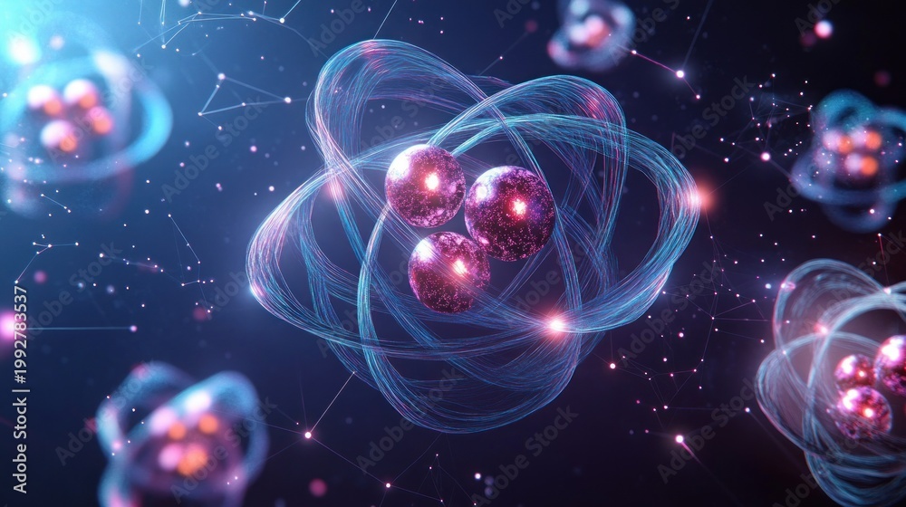 Fototapeta premium glowing atomic nuclei with orbiting energy trails in a vibrant futuristic molecular network, evoking curiosity and cosmic wonder