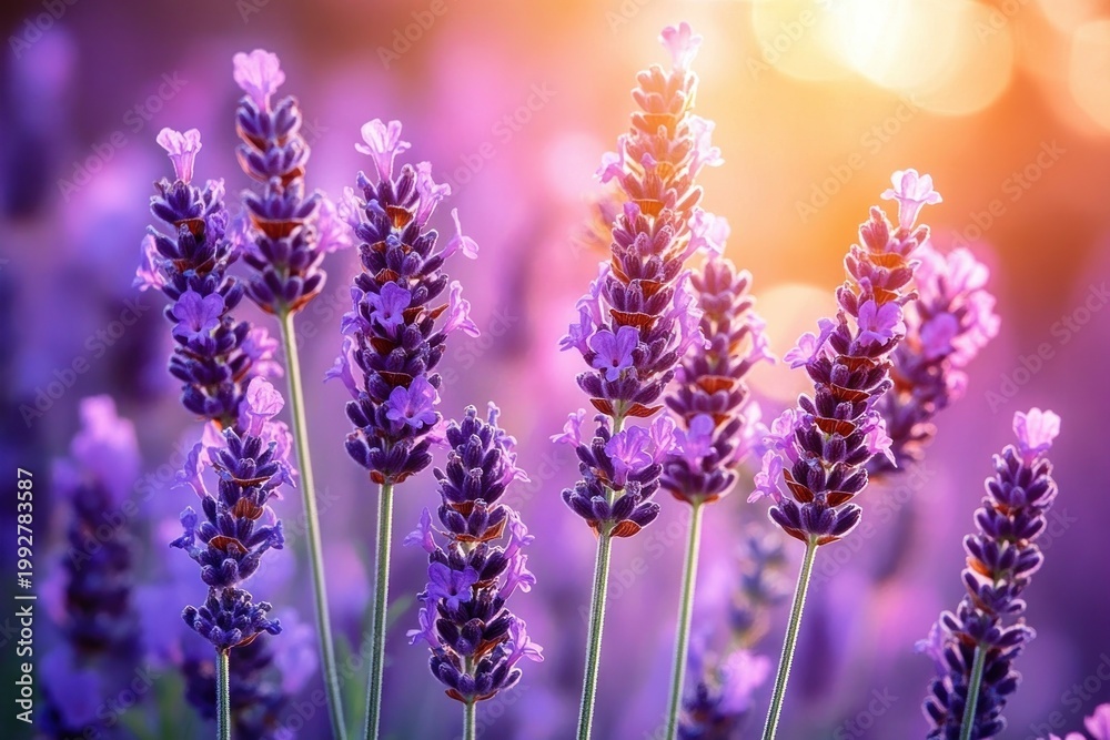 Fototapeta premium Sunlit purple lavender spikes with green stems and warm golden bokeh, serene dreamy close-up of blooming flowers