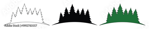 Foto Minimalist pine forest silhouette icons, evergreen tree line vector set, green a