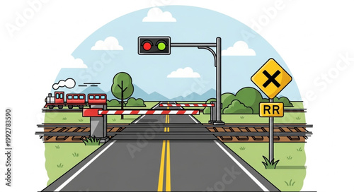 Train crossing signal and barrier on a road.