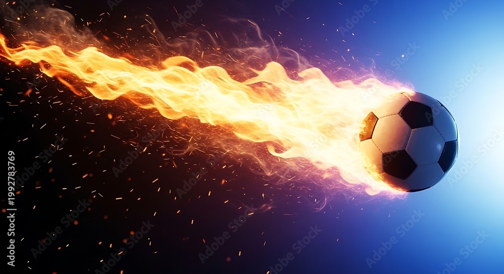 Fototapeta premium A fiery soccer ball blazing through space, creating a dynamic and intense mood with vibrant flames and a dark cosmic background, symbolizing energy and passion in sports.