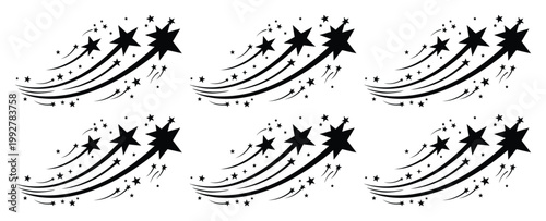 Black shooting star vector icons set, hand drawn celestial star trails with sparkles, decorative cosmic meteor shower graphics for design