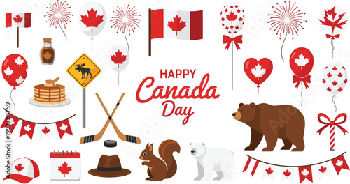 Canada Day festive elements set with maple leaves balloons flags animals and traditional symbols for patriotic celebration vector illustration