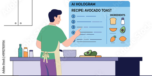Man interacts with holographic recipe display for avocado toast in modern kitchen