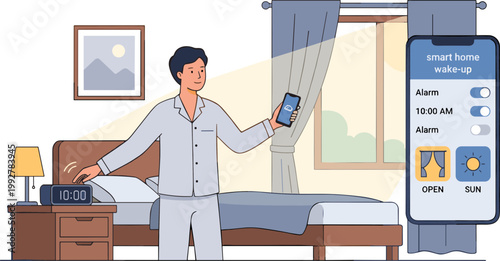 Man wakes up in bedroom using smart home app on phone