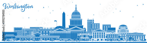 Outline Washington DC USA City Skyline with Blue Buildings. Illustration. Business Travel and Tourism Concept with Historic Buildings. Washington DC Cityscape with Landmarks.