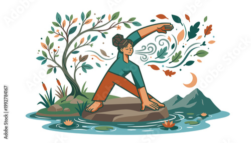 woman practicing yoga on a rock.