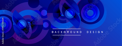 Abstract background features overlapping circles, gradients. Blue, purple hues create dynamic visual effect. Text reads background design.