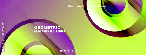 Abstract geometric background. Vibrant colors overlap creating dynamic visual effect. Text labels present website navigation options.