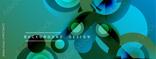 Abstract design features overlapping circles, gradients. Teal, blue, green hues create dynamic visual effect. Modern background element.