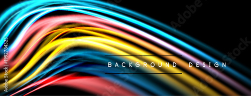 Abstract colorful waves flow across black space. Dynamic lines create modern visual texture. Bright hues offer vibrant energy.