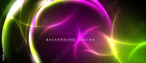 Vibrant neon curves create abstract background. Purple, green, yellow hues blend seamlessly. Modern design element for digital projects.