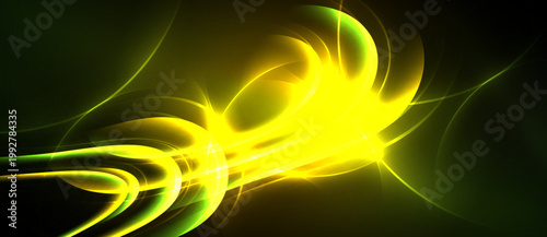 Bright yellow energy flows across dark background. Swirling lines create dynamic abstract composition. Vivid colors suggest power, motion.