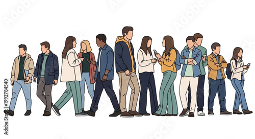 Diverse group of young adults standing together in a line.