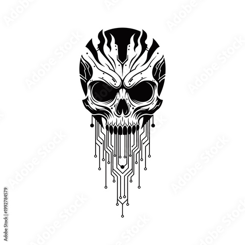 A striking black and white illustration of a skull with intricate circuit board-like patterns flowing from its jawline, evoking a sense of cybernetic or technological decay.