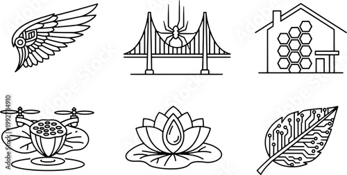 Minimalist Bio-Mimicry and Sustainable Engineering Icon Set, "Created with AI assistance and manually refined.