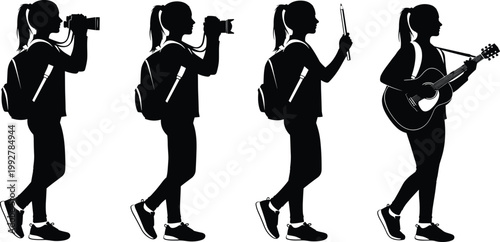 Female photographer and musician silhouette set vector illustration creative woman activities isolated black design for hobby lifestyle art profession concept