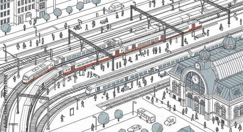 Detailed illustration of a busy train station with many people and trains.