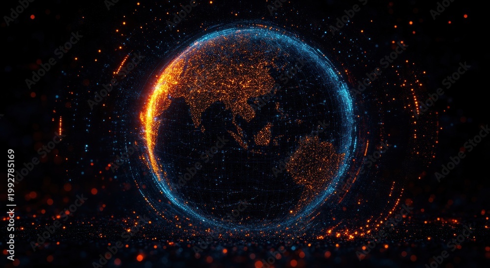 Obraz premium glowing digital globe with interconnected nodes, particles, grid and city light patterns in blue and orange, futuristic, dynamic and awe-inspiring