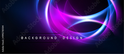 Abstract neon light curves form infinity symbol. Dark background enhances vibrant purple, blue glow. Modern design element.